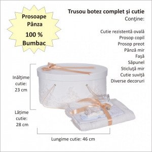 Set elegant trusou botez, cutie trusou si lumanare personalizata cu nume, decor dantela Crem cu iepuras, Denikos® 950