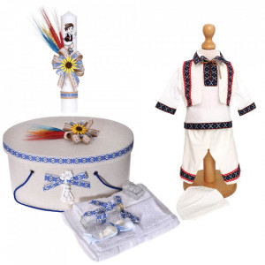 Set national, trusou botez, cutie trusou, lumanare si costum traditional baietel, Denikos® C9089