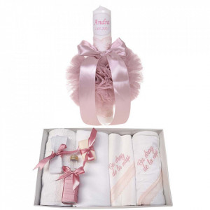 Trusou botez cu mesaj si lumanare botez personalizata, decor roz pudra, Denikos® 787
