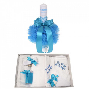 Trusou botez cu mesaj si lumanare botez personalizata, decor turcoaz, Denikos® 784