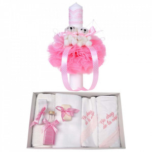 Trusou botez cu mesaj si lumanare pentru fetita, Ursuleti, decor roz, Denikos® 540