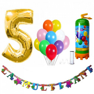 Butelie heliu, cifra 5 balon folie, banner si 10 baloane latex