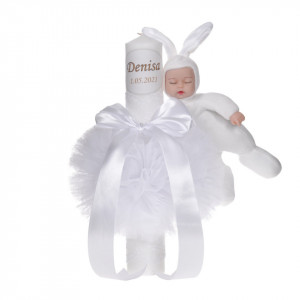 Lumanare botez cu iepuras, personalizata si trusou botez in landou, decor dantela Alba, Denikos® 880