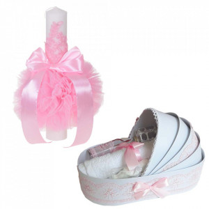 Lumanare botez glob cu dantela si trusou botez in landou, decor Roz, Denikos® 748