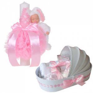 Lumanare botez glob iepuras pufos si trusou botez in landou, decor Roz cu floricele, Denikos® 771