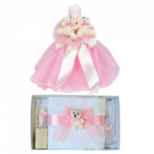Lumanare botez tul si ursuleti si trusou botez dantela, decor Roz, Denikos® 621