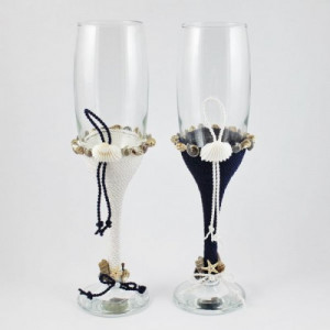 Pahare nunta miri decorate marin snur alb si bleumarin PN010