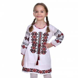 Rochie populara fete, alba, broderie traditionala, cu cordon, 1 - 16 ani, DNK0174