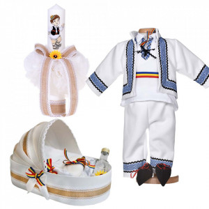 Set botez national baietel, trusou botez landou, lumanare si costum popular, Denikos® 1048