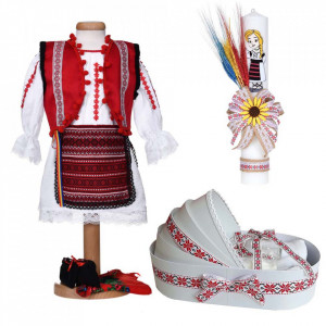 Set costum national fata, trusou botez landou si lumanare, decor popular, Denikos® C9282