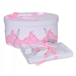 Set elegant trusou botez, cutie trusou si lumanare personalizata cu nume, decor dantela Roz cu iepuras, Denikos® 944