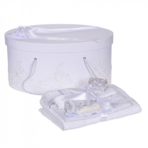 Set elegant trusou botez, cutie trusou si lumanare personalizata cu nume, decor dantela Alba cu iepuras, Denikos® 952