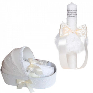 Set lumanare botez cu mesaj si trusou botez in landou, decor dantela ivory lata, Denikos® C1061