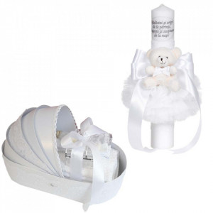 Set lumanare botez cu mesaj si ursulet si trusou botez in landou, decor dantela Alba lata, Denikos® C1077