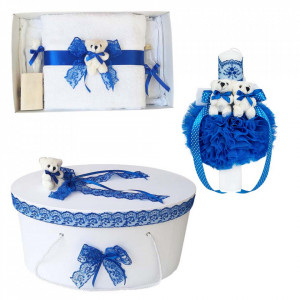 Set trusou botez, cutie trusou si lumanare, dantela si Ursuleti, decor albastru, Denikos® 554