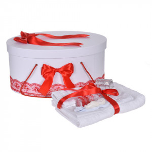 Set trusou botez, cutie trusou si lumanare iepuras pufos, dantela si fundite, decor Rosu, Denikos® 892