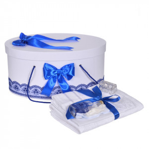 Set trusou botez, cutie trusou si lumanare iepuras pufos, dantela si fundite, decor Albastru, Denikos® 894