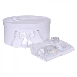 Set trusou botez, cutie trusou si lumanare iepuras pufos, dantela si fundite, decor Alb, Denikos® 898