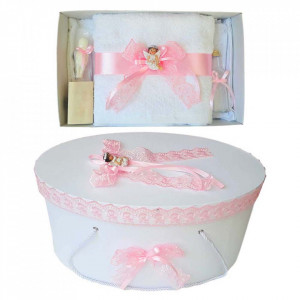 Set trusou botez si cutie trusou, Ingeras, dantela roz, Denikos® 454