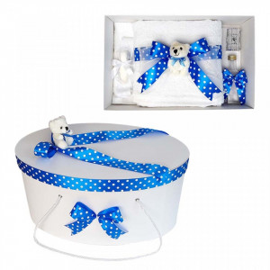 Set trusou botez si cutie trusou, Ursulet, fundita albastra cu buline, Denikos® 23
