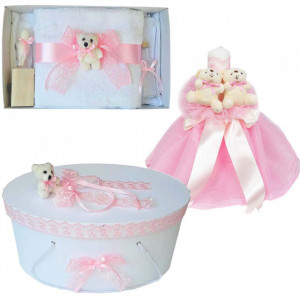 Set Ursuleti trusou botez, cutie trusou si lumanare, decor Roz, Denikos® 579