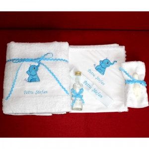 Trusou botez complet elefant bleu personalizat cu numele copilului NKTB012