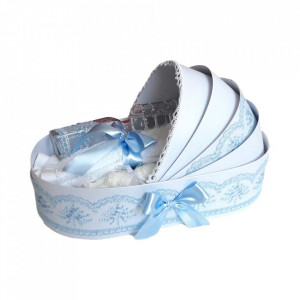 Trusou botez complet, in landou, decor elegant cu dantela bleu Denikos® 147