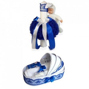 Trusou botez in landou si lumanare cu iepuras, decor albastru Denikos® 173