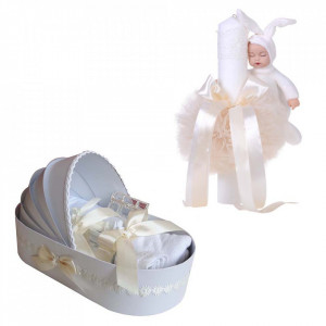 Trusou botez in landou si lumanare cu iepuras, decor ivoire Denikos® 107