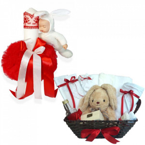 Cos cadou botez trusou si lumanare, Iepuras, decor Rosu, Denikos® 662