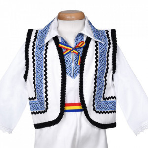 Costum popular baietel, 5 piese, alb - albastru, Denikos® 1009