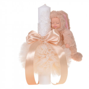 Lumanare botez jucarie iepuras pufos si dantela, decor crem / ivoire, Denikos® 712
