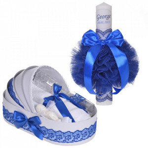 Lumanare botez personalizata si trusou botez in landou, decor dantela Albastra, Denikos® 867