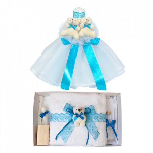 Lumanare botez tul si ursuleti si trusou botez dantela, decor Turcoaz, Denikos® 622