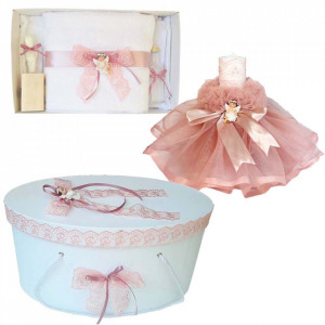 Set dantela trusou botez, cutie trusou si lumanare, Ingeras, decor roz prafuit, Denikos® 480