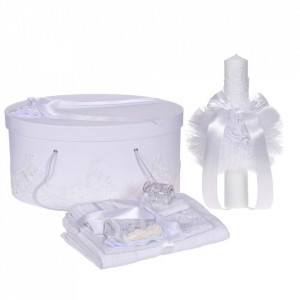 Set elegant trusou botez, cutie trusou si lumanare, decor dantela Alba diafana, Denikos® 961