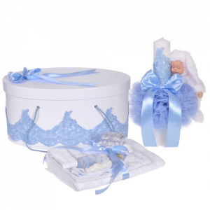 Set elegant trusou botez, cutie trusou si lumanare iepuras pufos, dantela si fundite, decor Bleu, Denikos® 931