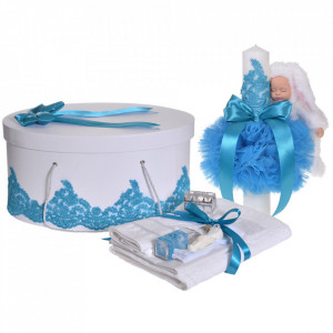 Set elegant trusou botez, cutie trusou si lumanare iepuras pufos, dantela si fundite, decor Turcoaz, Denikos® 933