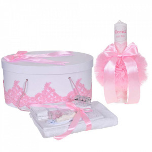Set elegant trusou botez, cutie trusou si lumanare personalizata cu nume, decor dantela Roz, Denikos® 935