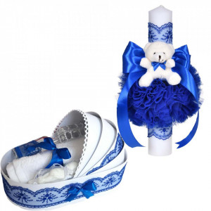 Set lumanare botez cu ursulet si trusou botez in landou, decor dantela albastra lata, Denikos® C1101