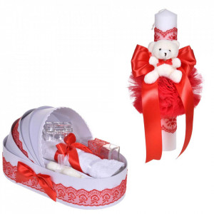 Set lumanare botez cu ursulet si trusou botez in landou, decor dantela rosie ingusta, Denikos® C1108