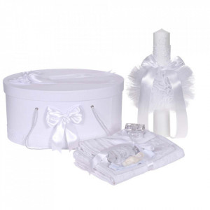 Set trusou botez, cutie trusou si lumanare, decor elegant dantela Alba, Denikos® 925