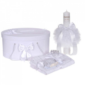 Set trusou botez, cutie trusou si lumanare personalizata cu nume, decor Alb, Denikos® 907