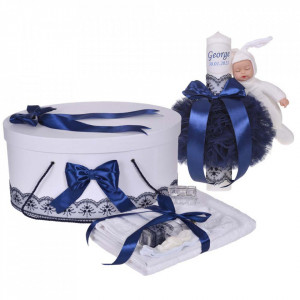 Set trusou botez, cutie trusou si lumanare personalizata cu nume, decor Bleumarin cu iepuras, Denikos® 909