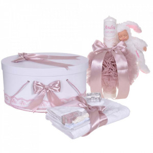 Set trusou botez, cutie trusou si lumanare personalizata cu nume, decor Roz pudra cu iepuras, Denikos® 911