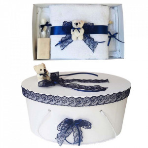 Set trusou botez si cutie trusou, Ursulet, dantela bleumarin, Denikos® 458