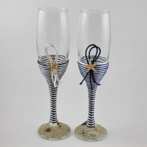 Pahare nunta miri decorate marin snur satinat alb si bleumarin PN004