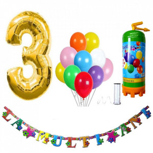 Butelie heliu, cifra 3 balon folie, banner si 10 baloane latex