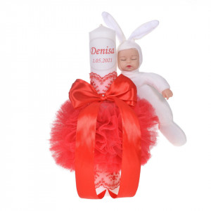 Lumanare botez personalizata, decor rosu cu tul, dantela si o jucarie iepuras, Denikos® 733