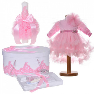 Set botez elegant, rochita 2 piese, trusou botez, cutie trusou si lumanare, decor dantela roz, Denikos® C9180